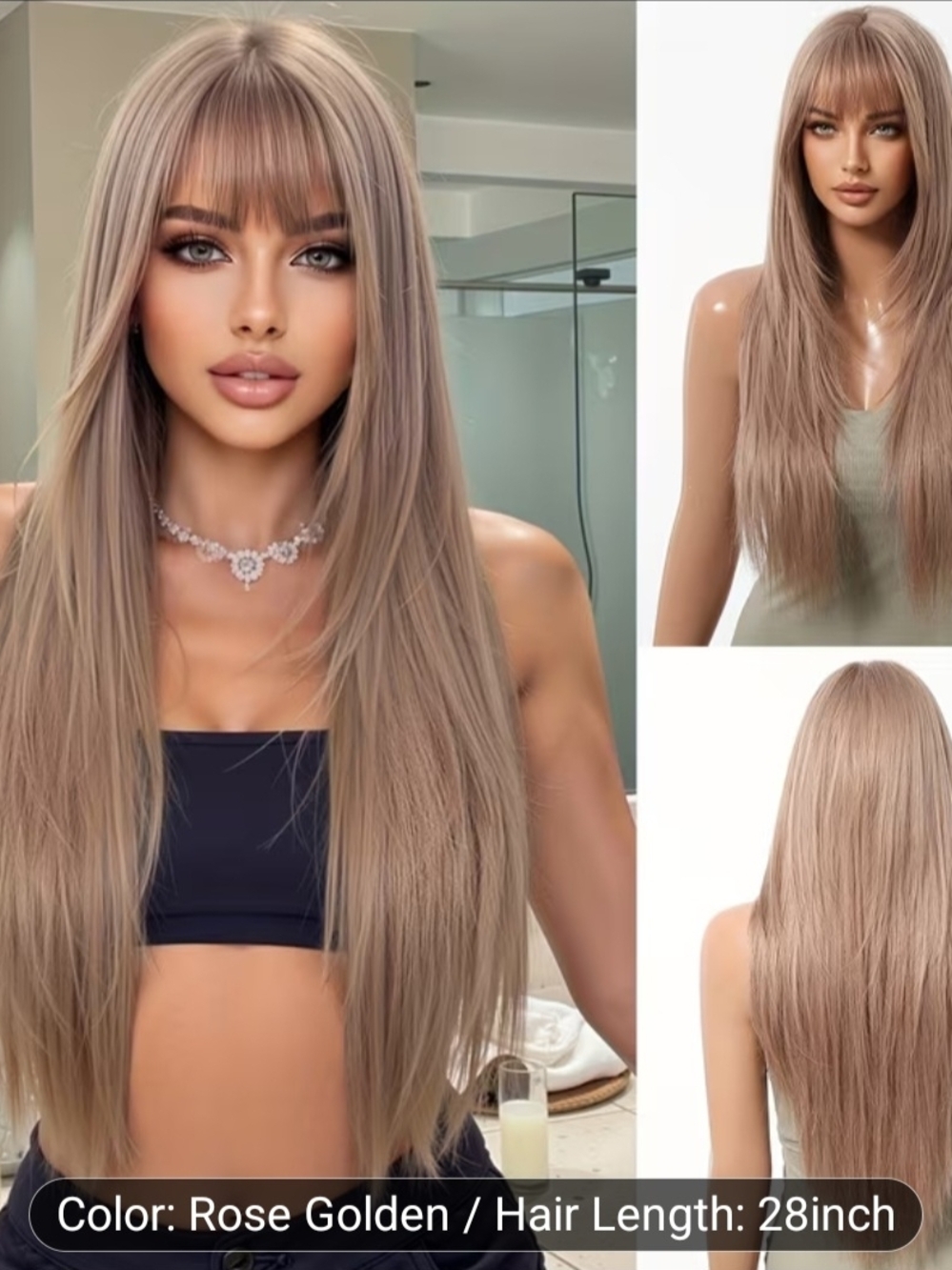 Long Straight Rose Golden Wig with Bangs - Women Hair